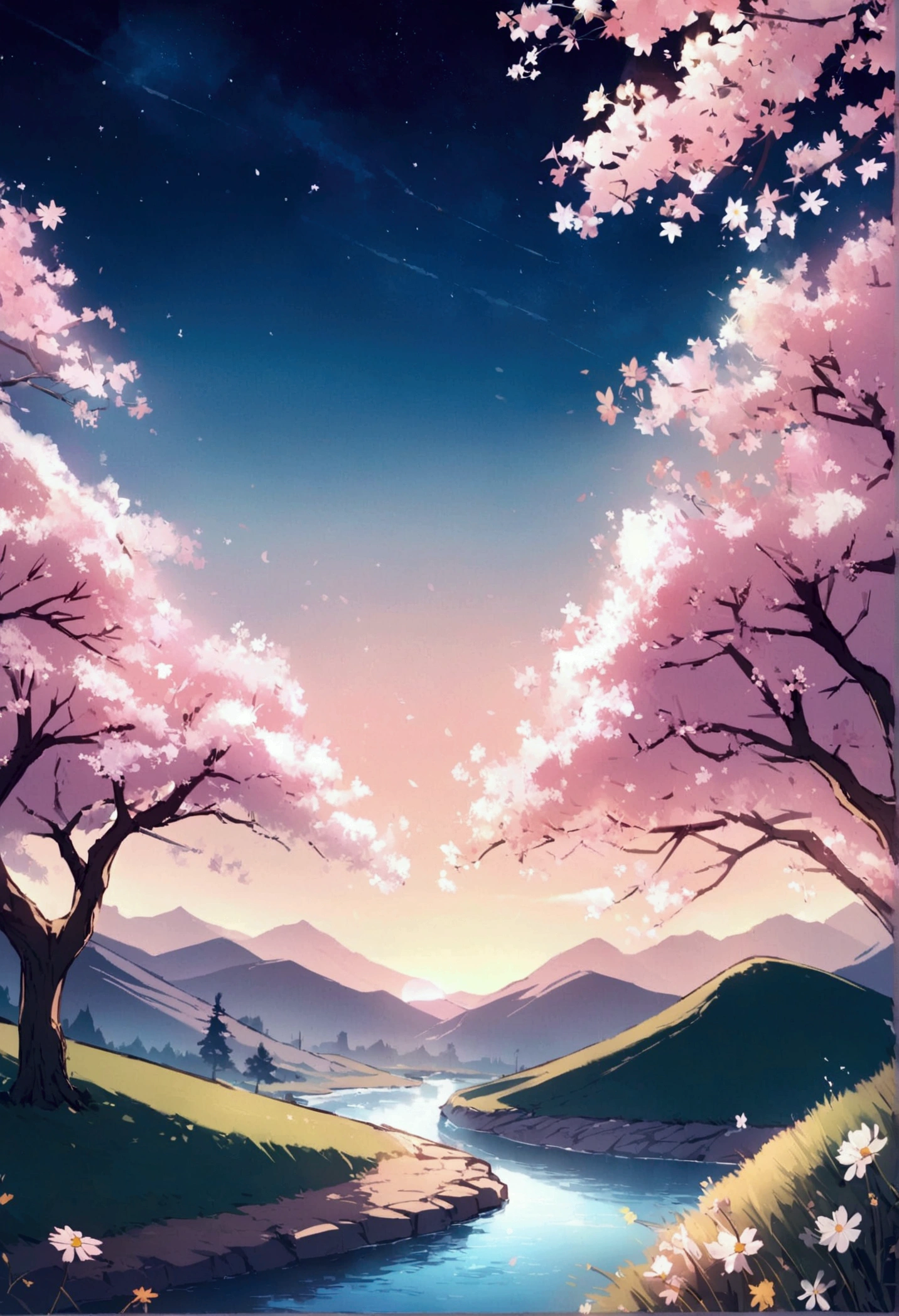 Viral anime nature wallpaper in 4K quality, in the style of illustration inspired by Rumiko Takahashi, featuring a picturesque valley with rolling hills, blossoming cherry trees, and a clear river flowing through; soft and pastel color temperature, cosmos lighting with stars twinkling in the sky, no human characters, the atmosphere is calm and idyllic --v 5 --stylize 1000