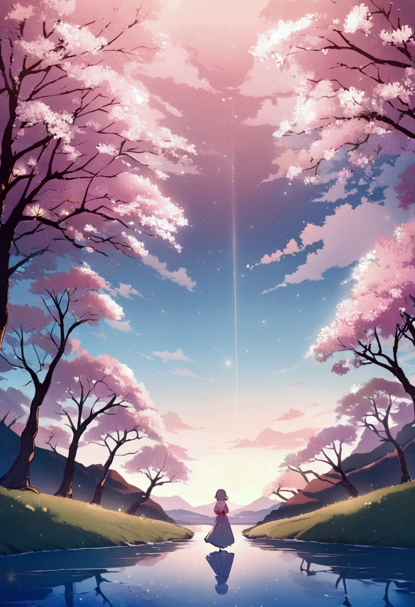 Viral anime nature wallpaper in 4K quality, in the style of illustration inspired by Rumiko Takahashi, featuring a picturesque valley with rolling hills, blossoming cherry trees, and a clear river flowing through; soft and pastel color temperature, cosmos lighting with stars twinkling in the sky, no human characters, the atmosphere is calm and idyllic --v 5 --stylize 1000