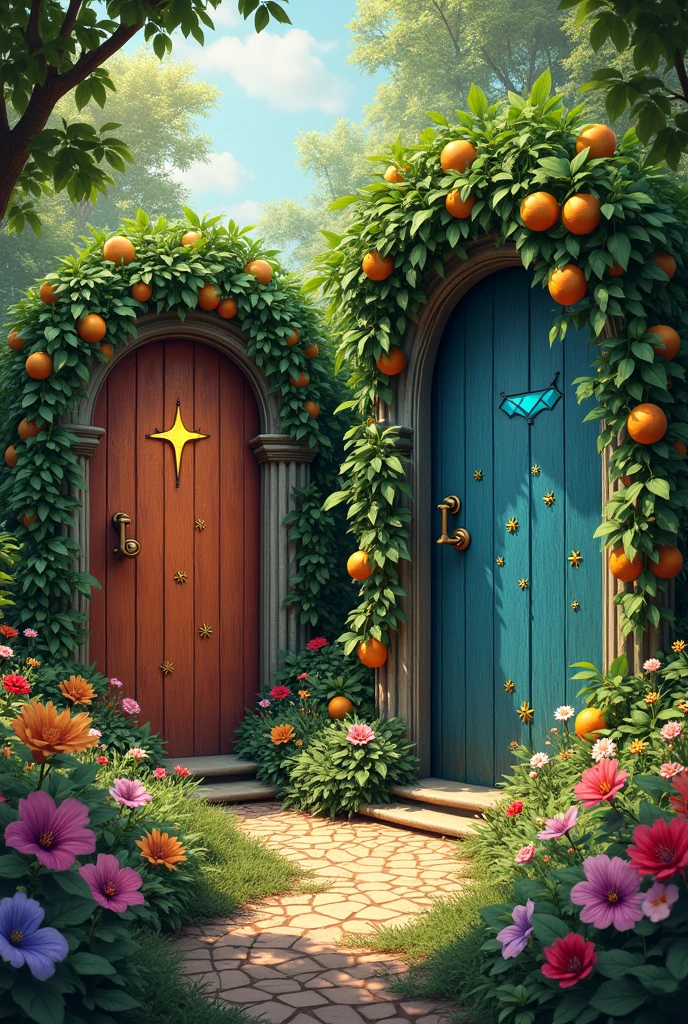 a beautiful garden full of colorful flowers and fruit trees with two magical doors: one on the left, decorated with shining stars, and the other on the right, covered in green leaves.