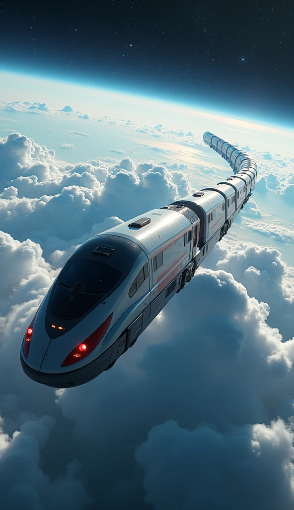"Create a cinematic 4K image, DSLR Canon style, of a spaceship in the shape of a train heading out of Earth. The image should show the train spacecraft moving above the clouds, with Earth visible below and outer space visible above. Clearly emphasize the train-like design of the spacecraft, with futuristic train cars and locomotive. Highlight the train shape and the transition from the planet to space, creating a vibrant and dynamic scene."