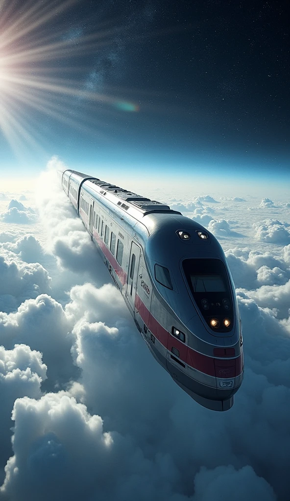 "Create a cinematic 4K image, DSLR Canon style, of a spaceship in the shape of a train heading out of Earth. The image should show the train spacecraft moving above the clouds, with Earth visible below and outer space visible above. Clearly emphasize the train-like design of the spacecraft, with futuristic train cars and locomotive. Highlight the train shape and the transition from the planet to space, creating a vibrant and dynamic scene."