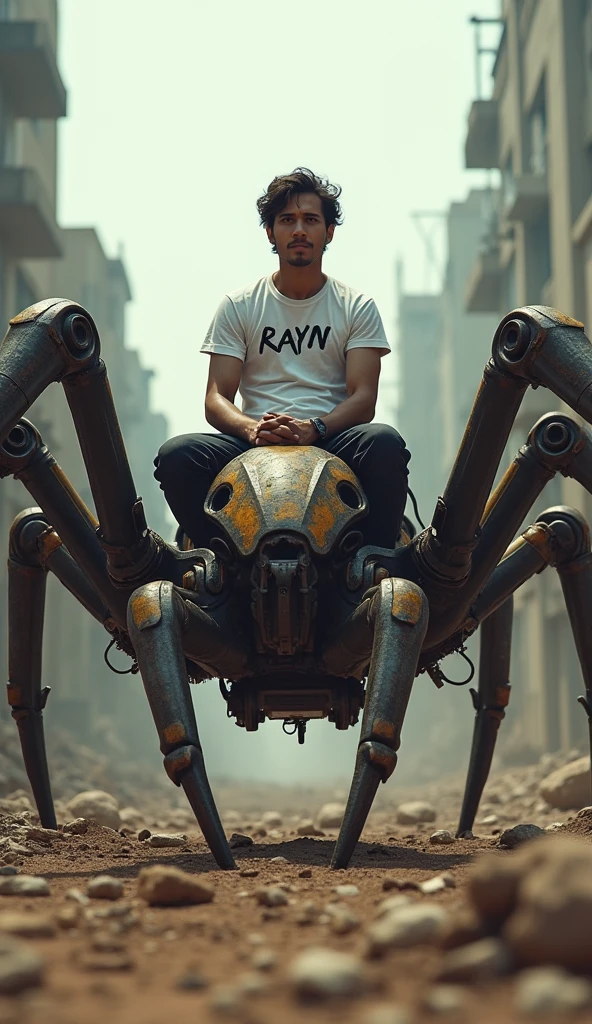 a photo-realism of a bit bulky 32-year-old handsome Indonesian man oval face wavy hair, white t-shirt written on the chest "RAYN" riding on the back of a saddled giant mechanical spider, HD 4k high detail ultra realistic dynamic hyper realistic oled, vibrant, subsurface scattering, amazing fine detail, on a post apocalyptic war game 