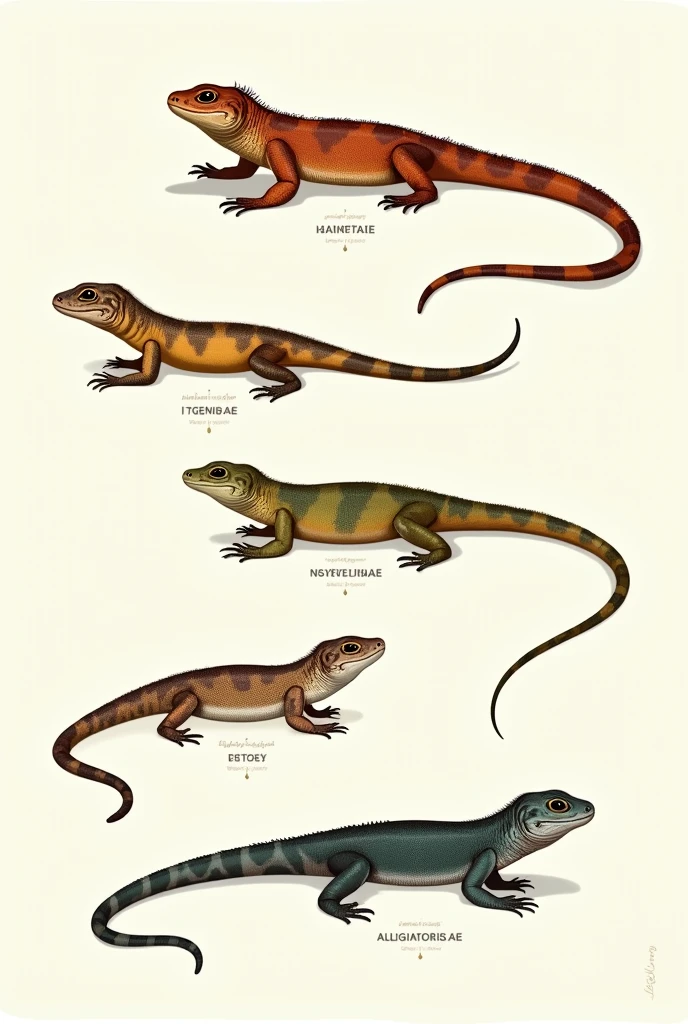 Solo géneros e: 1. Iguanidae 2. Tropiduridae 3. Polycrothidae 4. Teiidae 5. Alligatoridae ( full body color and below have its name of each )