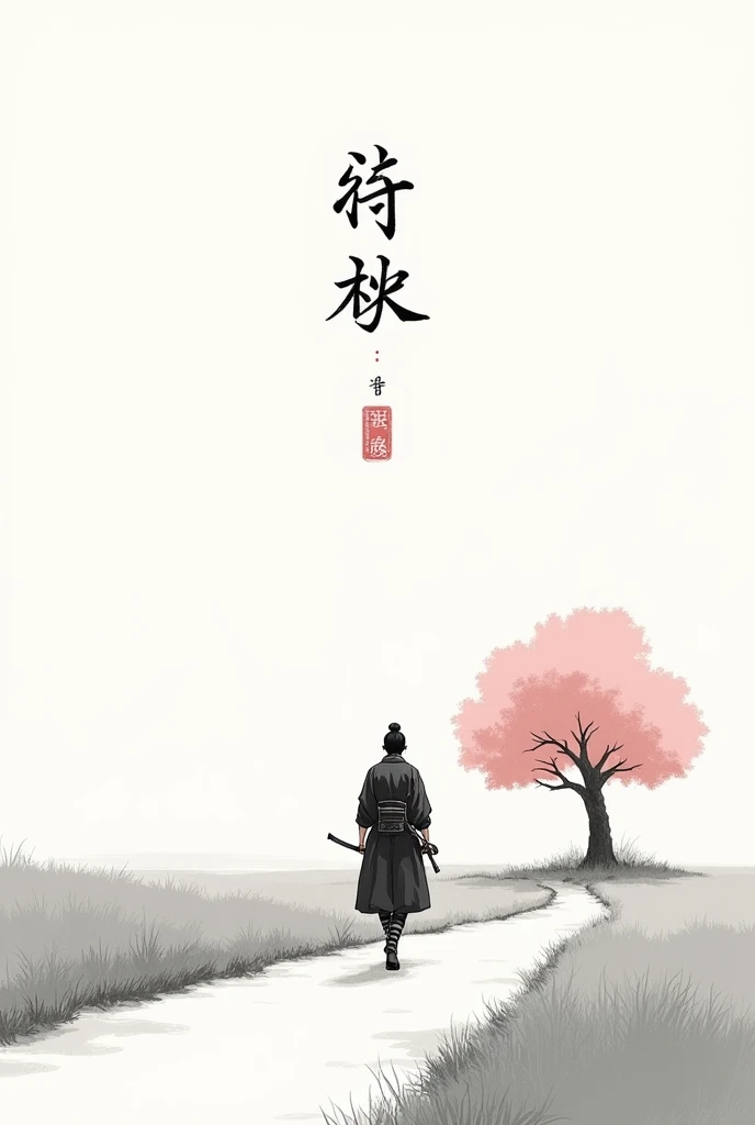 black and white drawing in Japanese style, Samurai in the distance (man, adult person) with a sword at his waist walking on a path through a field, a single pink cherry blossom tree nearby, The picture above shows a Japanese kanji "quiet". Everything is harmonious around