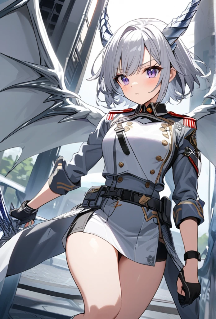 pretty girl,Military uniform,mini skirt,Silver short hair,Silver Dragon Horn,Silver Dragon Wings,Silver Dragon&#39;s Tail,Holds a long sword in his left hand[:1.5],Bad Smile,Black long boots,,,Snowfield landscape,Snow is falling,medium breasts,from below[:1.5],foot focus