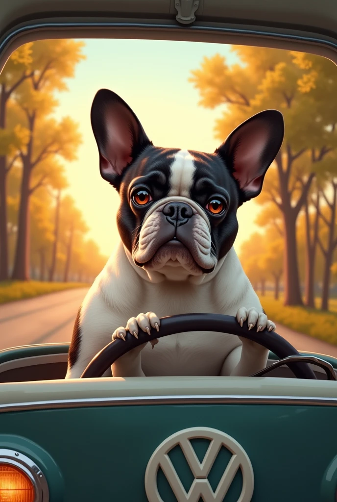 Bulldog frances branco com manchas negras, driving a Kombi home