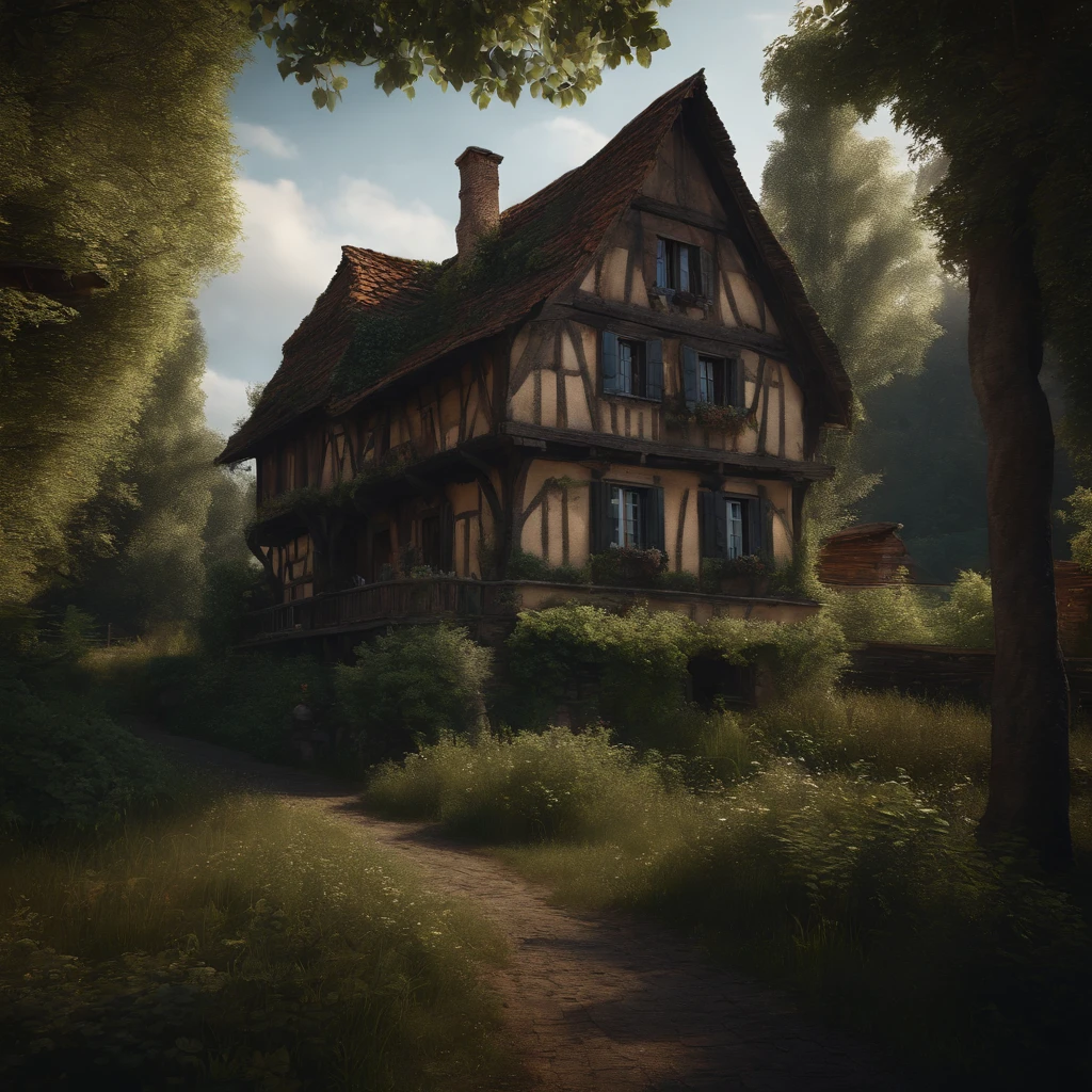 a dilapidated alsatian house in a small village, overgrown with vegetation, wooden beams, haunted, atmospheric, muted colors, dramatic lighting, detailed architecture, moody, photorealistic, (best quality,4k,8k,highres,masterpiece:1.2),ultra-detailed,(realistic,photorealistic,photo-realistic:1.37)
