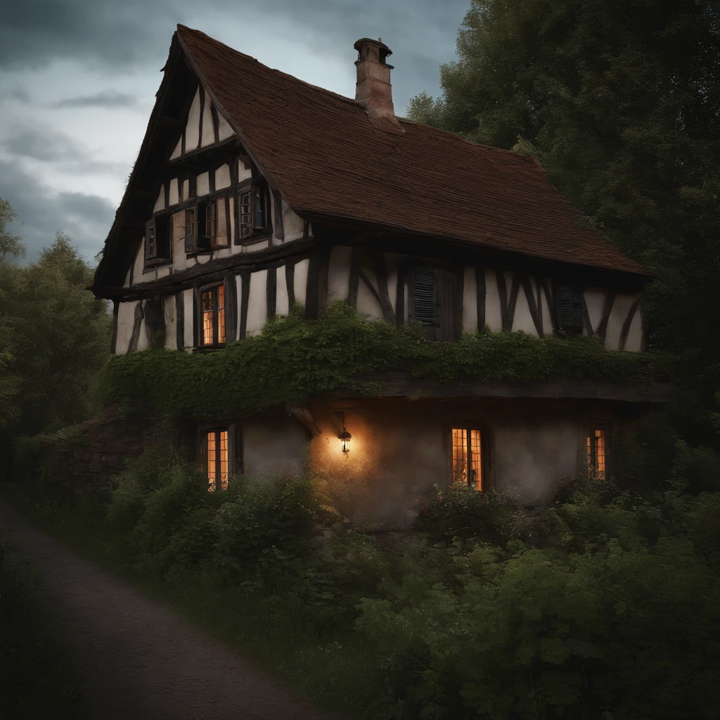 a dilapidated alsatian house in a small village, overgrown with vegetation, wooden beams, haunted, atmospheric, muted colors, dramatic lighting, detailed architecture, moody, photorealistic, (best quality,4k,8k,highres,masterpiece:1.2),ultra-detailed,(realistic,photorealistic,photo-realistic:1.37)
