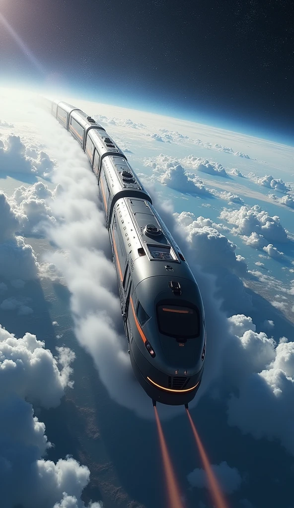 "Create a cinematic 4K image, DSLR Canon style, of a spaceship in the shape of a train heading out of Earth. The image should show the train spacecraft moving above the clouds, with Earth visible below and outer space visible above. Clearly emphasize the train-like design of the spacecraft, with futuristic train cars and locomotive. Highlight the train shape and the transition from the planet to space, creating a vibrant and dynamic scene."