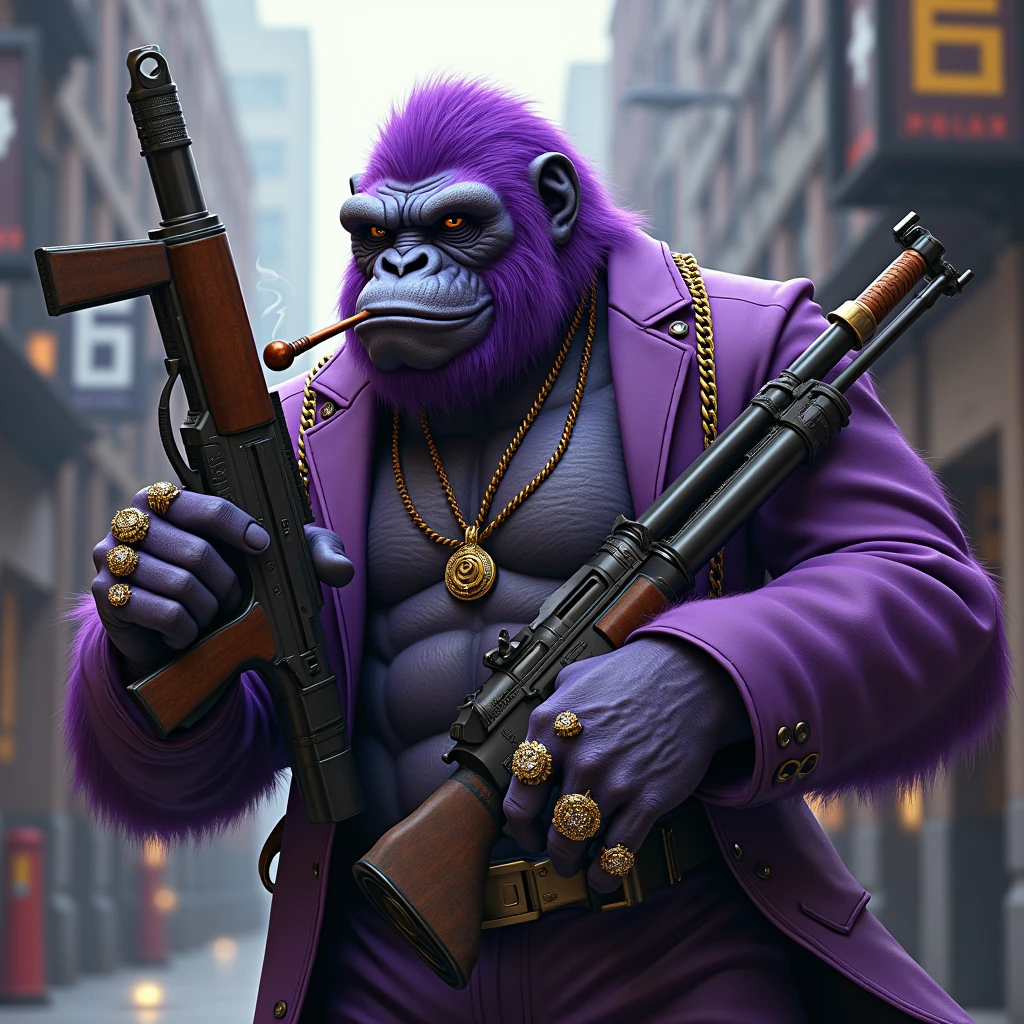 1 purple ape, With giant and high-caliber weapons, with gangster SUIT with chains, tattooed, with huge diamond and gold rings, smoking with a pipe, making a gesture of silence