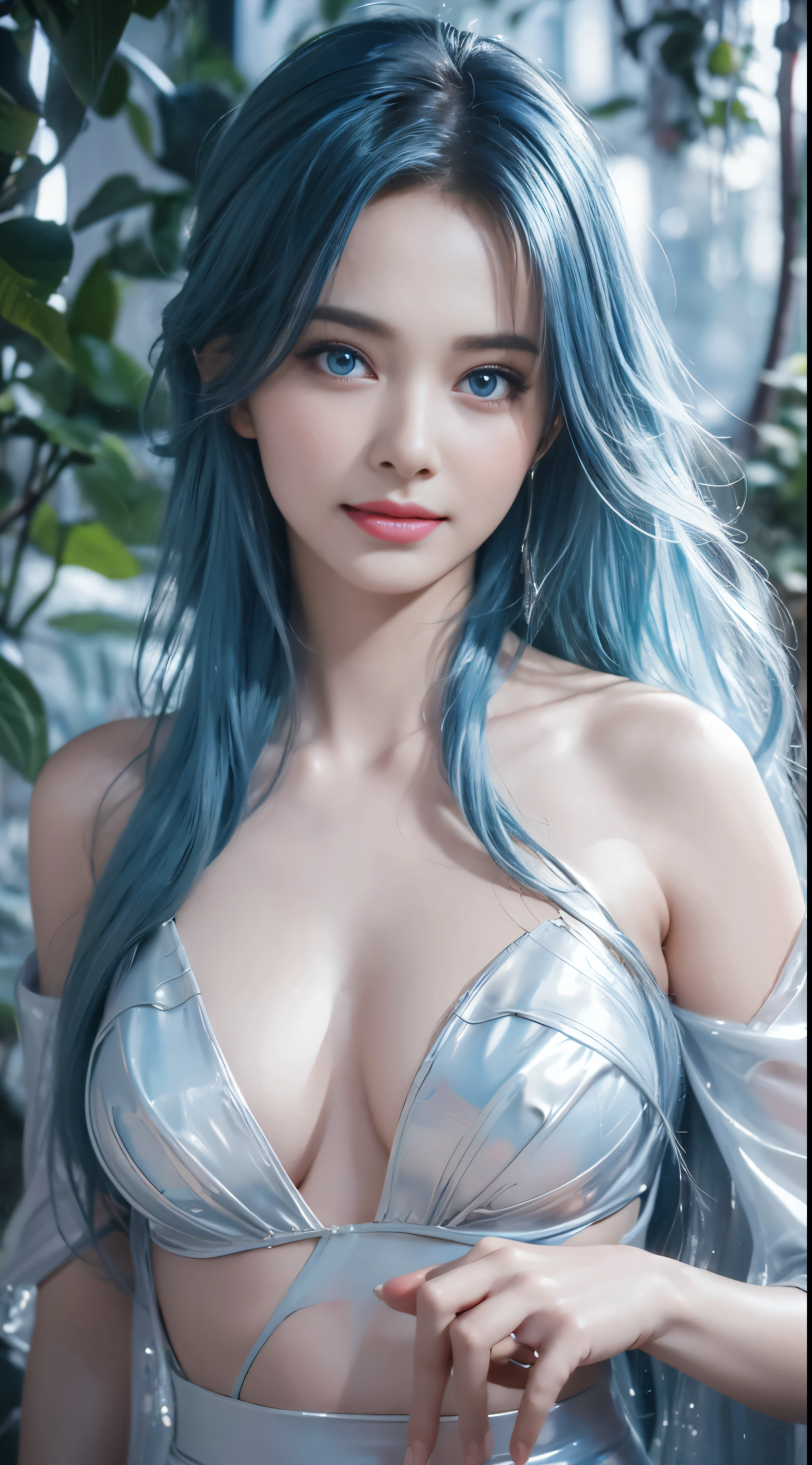 Realistic, A full portrait of a young girl, Perfect body, perfect professional pose, 20-year-old. Musical blue hair, Beautiful and realistic light blue eyes; Beautiful white teeth, Smile, Charm, Create the most beautiful and perfect face in the world, Hand-drawn, detailed, highest quality 3D 8K, Perfect white skin, Beautiful appearance, Multicolor Liquid Acrylic, Wet marble body, Michael Garmash, Daniel F. Gerhartz, Cinema Lighting, Waterfall Scenery, Volumetric lighting, Clean and smooth art, smooth pulp adventure , Gorgeous patterns, elegant organic frame, Surrealism, Masterpiece Collection, Realistic colors, Wet Gouache. Best image quality, The most detailed 8K.