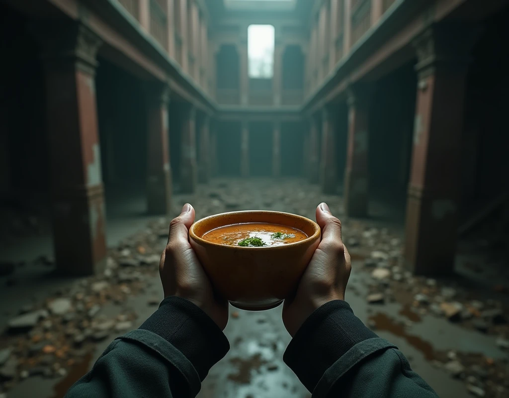 the image takes place inside a large palace, dark and abandoned,  must convey an air of danger and distrust, having soup with nutrients in a gourd in one go, first person view, securely holding a bowl with two hands 