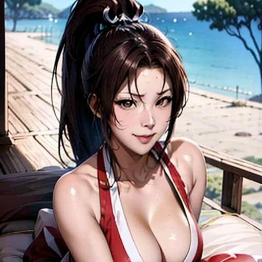 ((Master quality, 8K, masterpiece:1.3, ultra-detailed, high resolution, RAW Photos, detailed Realistic background, cinematic lighting)), Actual, Realistic, photo, HDR, BREAK, detailed eyes, perfect anatomy, perfect hands, BREAK, , One person alone, Mai Shiranui,(King Of Fighters), (Stand:1.5 up straight , , arms behind), Grey Eyes, ponytail hair, Adult beautiful woman, ( Round and Stacked Breasts ), , Cleavage, Slim waist, smile:1.5, Sweat-soaked skin, wearing( Slingshot Swimsuit, ), Graffiti art, (, front Angle, knee shot, ), BREAK, Licking a icecream , Beach_parasol, Beach cocktails on a round table, dynamic angle, outdoor, beach