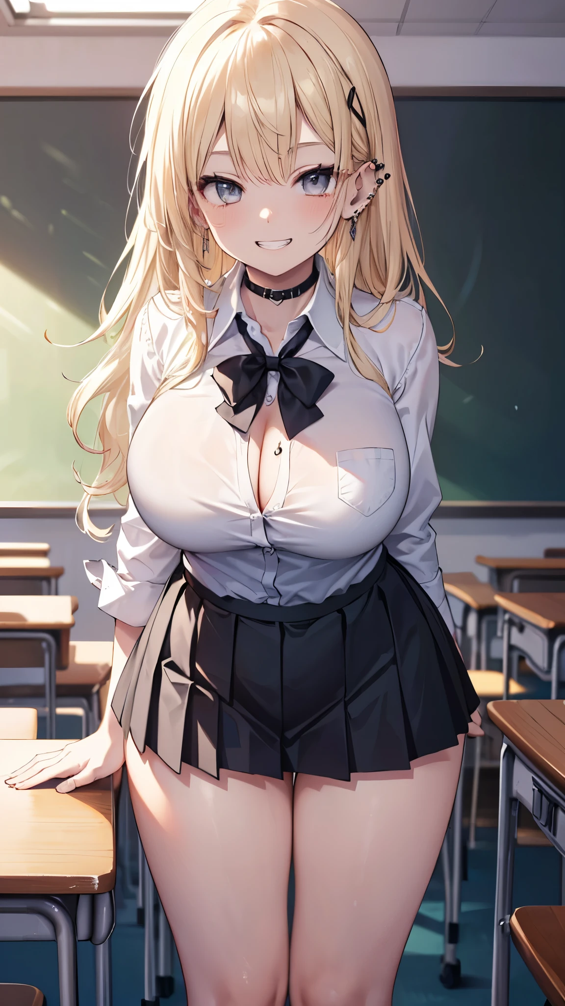 Erotic manga、Highest quality、Lewd smile、A super busty high school girl with glasses spreads her legs in the classroom to show off her sexuality、Perfect proportions、Plump Cheeks、Huge sagging 、Clear Eyes、Large areola、Fatty legs、Cowboy Shot