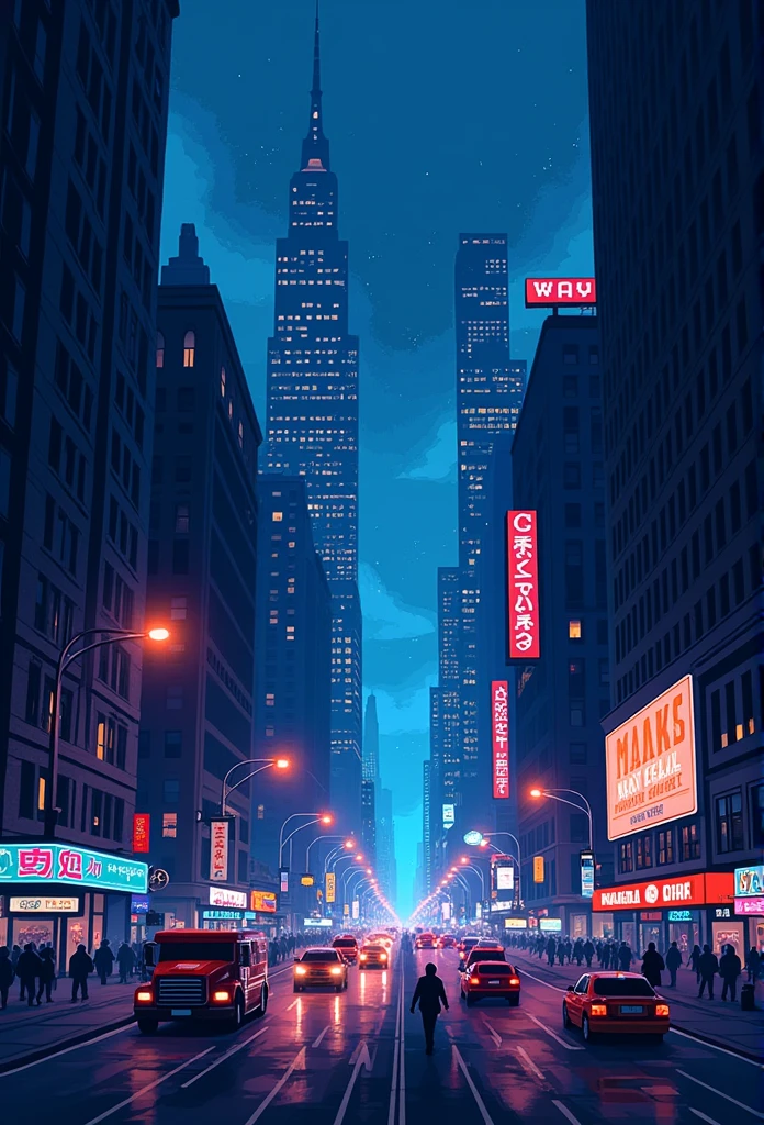 city lights, newyork, Pixels、pixel art、Icons、monochrome、artistation, Blue tones
