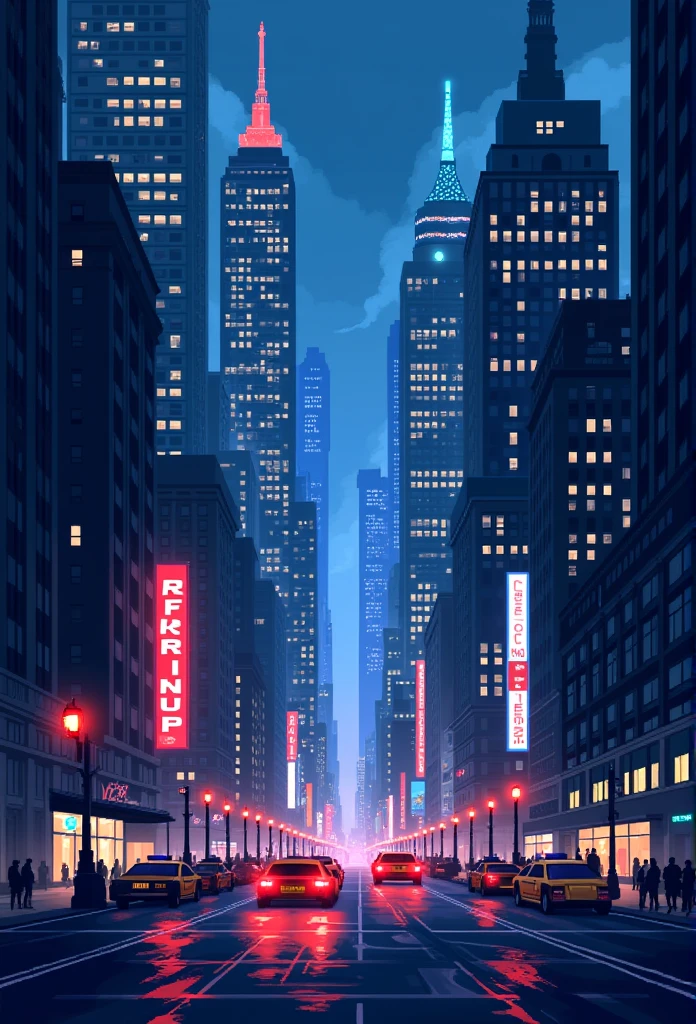city lights, newyork, Pixels、pixel art、Icons、monochrome、artistation, Blue tones