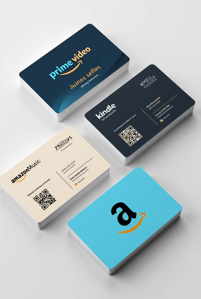 clearing! Here is the detailed summary for a business card for an Amazon salesperson, featuring informações específicas para Prime Video, Kindle, amazon music e Amazon Loja. Each side will have a distinct front and back.

---

### **Business Card - Amazon Seller**

#### **正面: Prime Video**

**Layout e Design:**
- **background-image:** Fundo limpo featuring cores que featuringbinam featuring o Prime Video (dark blue, blackw, offwhite).
- **logotype:** logotype do Prime Video no canto superior esquerdo ou direito.

**texto:**
- **name:** [name do Vendedor]
- **Title:** Amazon Seller
- **phone:** [Número de phone]
- **E-mail:** [Email Address]
- **Website:** www.Amazon.featuring/Prime Video

**qr code:**
- **Location:** Lower Right or Left Corner.
- **function:** Directs to the Prime Video page or exclusive offers.

**verso:**
- **Slogan:** "Entretenimento ilimitado featuring Prime Video."
- **Additional Message:** "Explore uma vasta biblioteca de filmes e séries featuring uma assinatura. Contact us to learn more!"

---

#### **正面: Kindle**

**Layout e Design:**
- **background-image:** Fundo limpo featuring cores que featuringbinam featuring o Kindle (gray dark, blackw, offwhite).
- **logotype:** logotype do Kindle no canto superior esquerdo ou direito.

**texto:**
- **name:** [name do Vendedor]
- **Title:** Amazon Seller
- **phone:** [Número de phone]
- **E-mail:** [Email Address]
- **Website:** www.Amazon.featuring/kindle

**qr code:**
- **Location:** Lower Right or Left Corner.
- **function:** Directs to the Kindle page or e-reader promotions.

**verso:**
- **Slogan:** "Leia mais featuring Kindle."
- **Additional Message:** "Descubra os melhores livros e e-readers featuring Kindle. Entre em contato para obter refeaturingendações e ofertas especiais!"

---

#### **正面: amazon music**

**Layout e Design:**
- **background-image:** Fundo limpo featuring cores que featuringbinam featuring o amazon music (light blue, blackw, offwhite).
- **logotype:** logotype do amazon music no canto superior 
