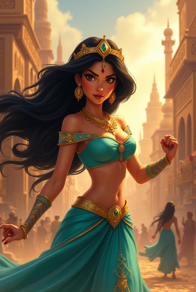Stunning Princess Jasmine, photo in 8k, in action, cinematic.