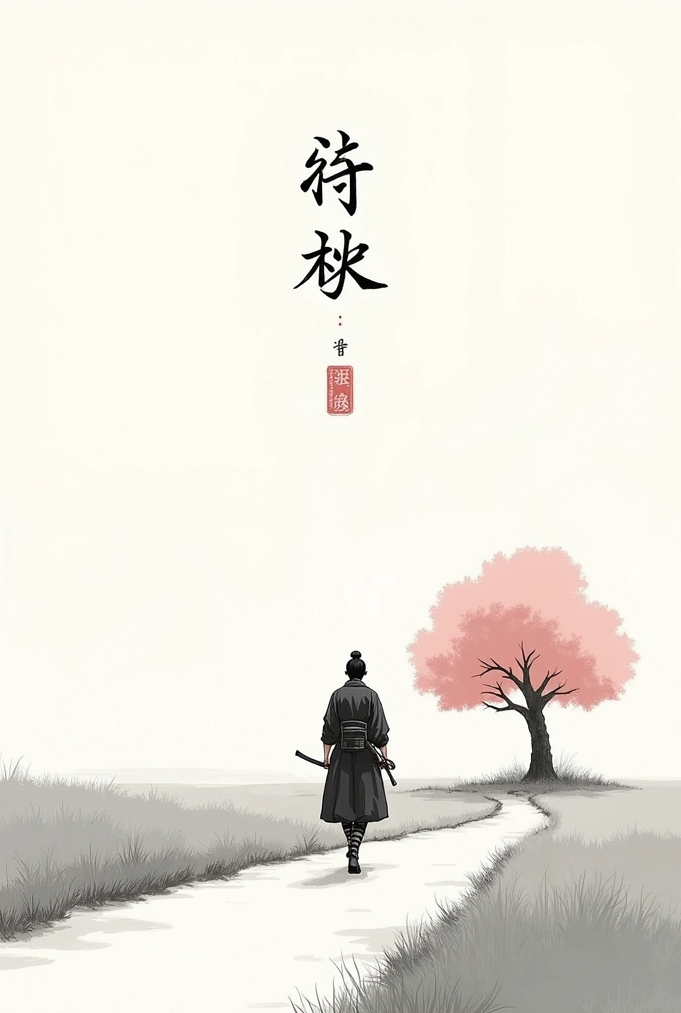 black and white drawing in Japanese style, Samurai in the distance (man, adult person) with a sword at his waist walking on a path through a field, a single pink cherry blossom tree nearby, The picture above shows a Japanese kanji "quiet". Everything is harmonious around