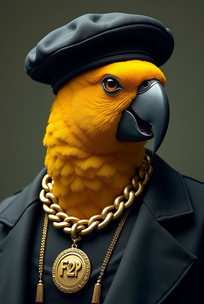 Create a man with the face of a yellow macaw, looking a little to the right from his point of view, with a black cap and a symbol written 3500, wearing a dark brown overcoat, with a white shirt and a large gold necklace that says F2P. Pay attention to the details of the cap and the cord and the clothes rack