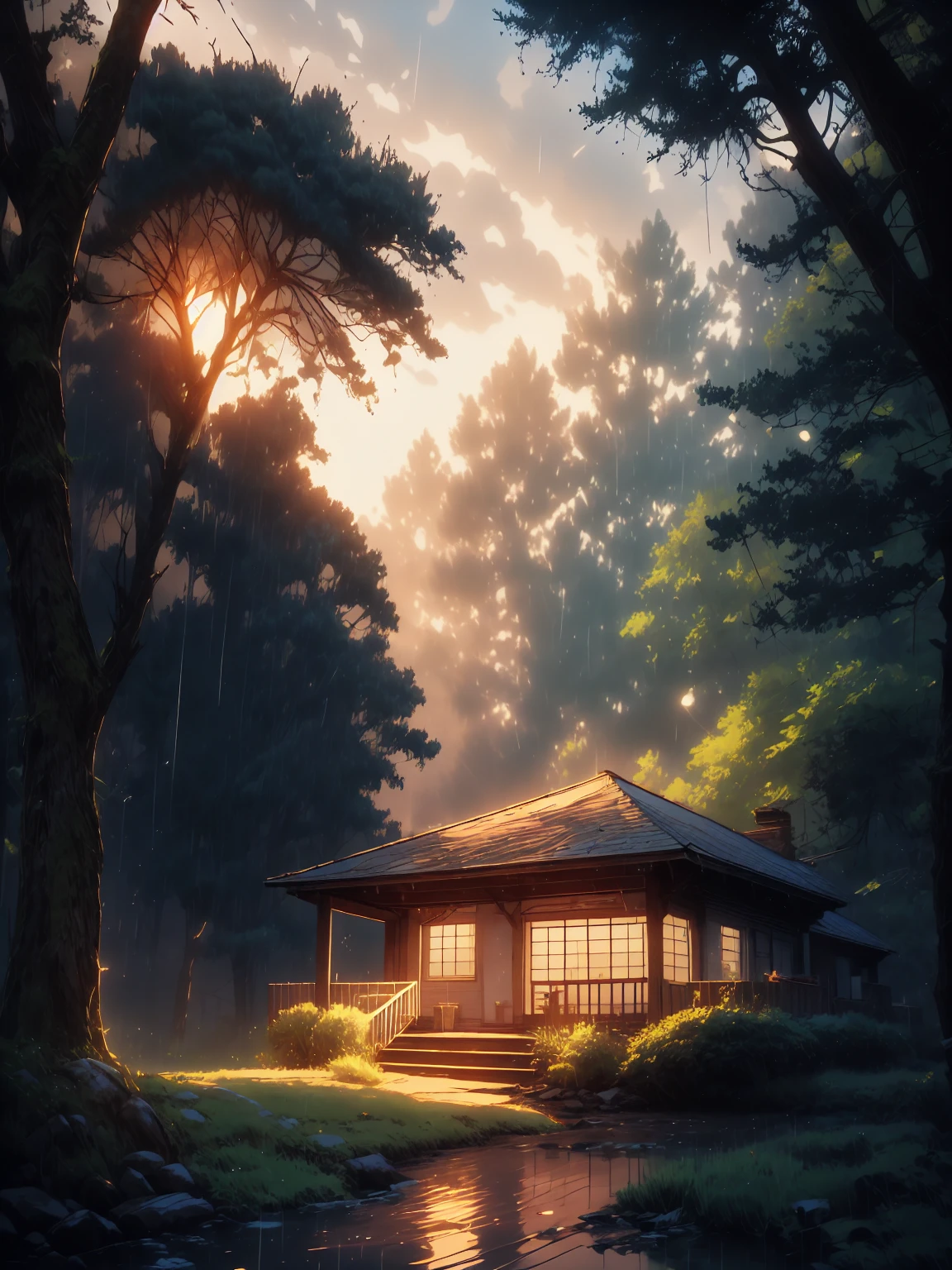 Cast in a magical, distant forest after twilight rainshowers, a glowing trail through luminescent, water-slicked foliage and nobly arching treetops dances an hypnotic rhythm, unfurling the tale of a solitary mystic Ellie who wades along a whimsical footpath beneath the verdant canopy, radiating both mystery and emotions of painto images of subtle hues whispered on serpentine surfaces from gentle rain droplets.
