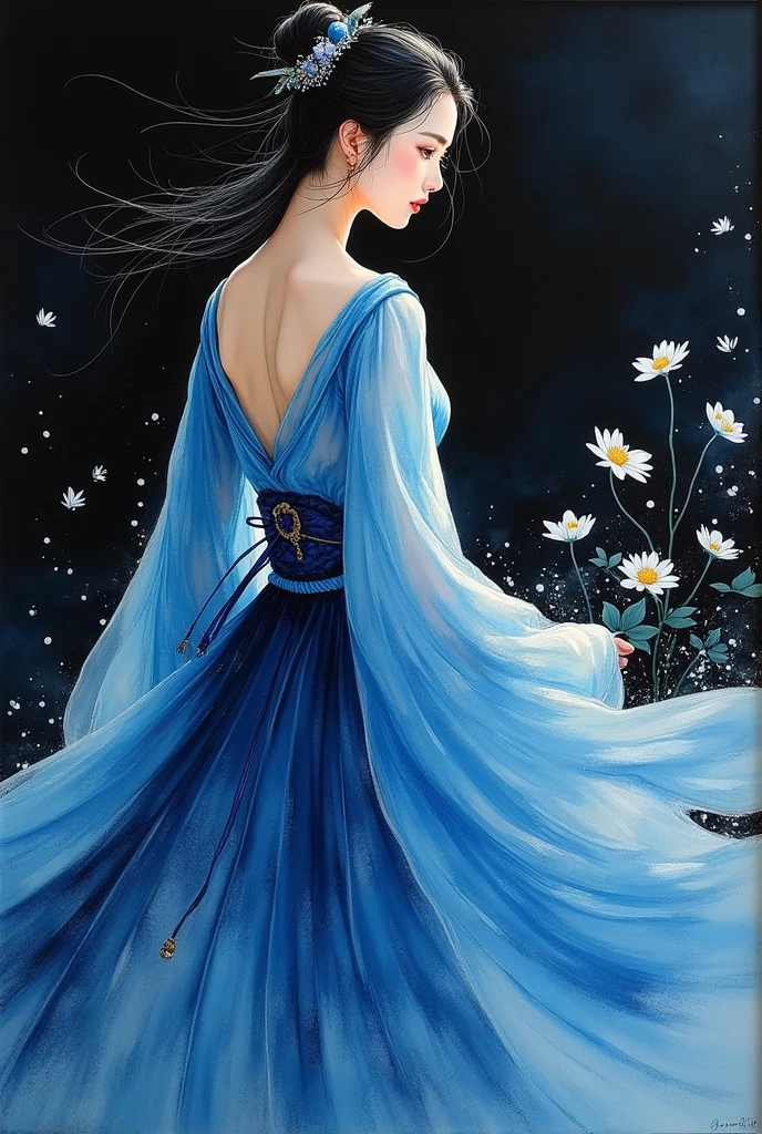 The beauty of antiquity,With a expression,A heavy heart,The work is painted in watercolor on paper, Bold colors and patterns reflect the artist's unique artistic vision. It incorporates deep blue tones, Creates an alluring visual experience. This work depicts an elegant figure,Background is black, Adding depth to the overall composition,New Chinese,Color curves,Exquisite Han Dynasty gauze skirt,High speed motion blur