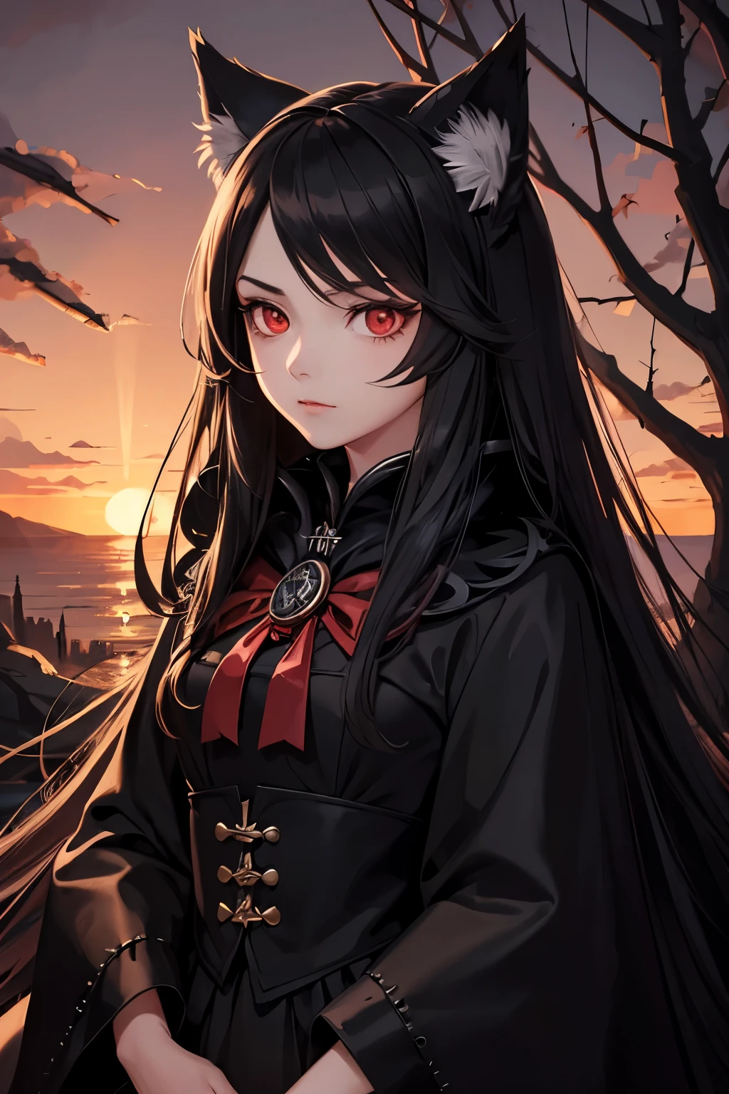 Don't Starve style, masterpiece, best quality, ultra-detailed, illustration, 1girl, black long hair, full red eyes, wolf ears, black mantle, fluffy collar, sunset