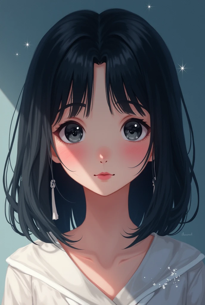 create an image in the Sailor Moon style of a girl with straight black hair to her shoulders, black eyes and a small nose