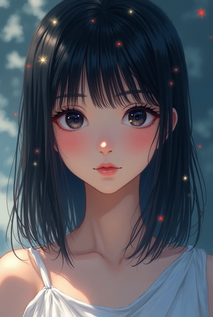 create an image in the Sailor Moon style of a girl with straight black hair to her shoulders, black eyes and a small nose
