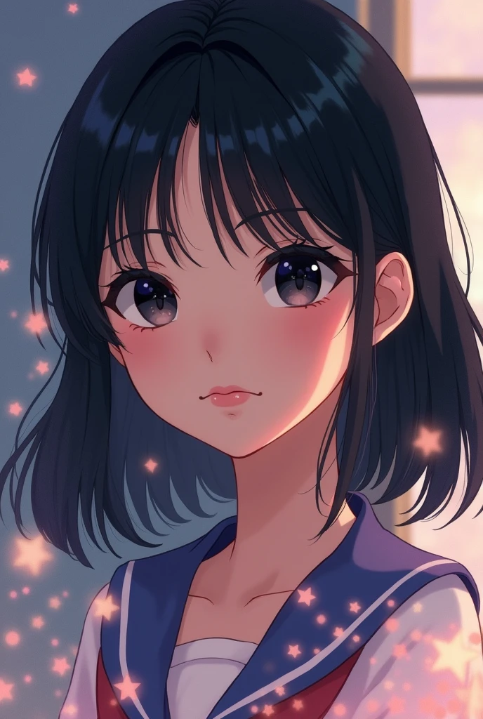 create an image in the Sailor Moon style of a girl with straight black hair to her shoulders, black eyes and a small nose