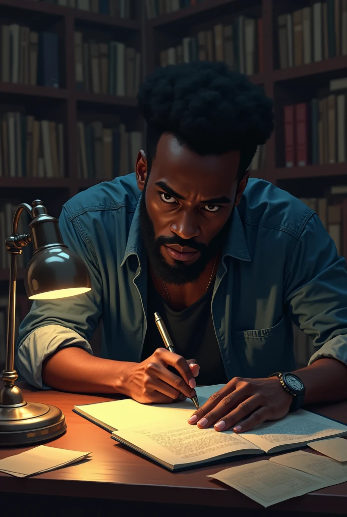A dark-skinned male writer writing a story 
