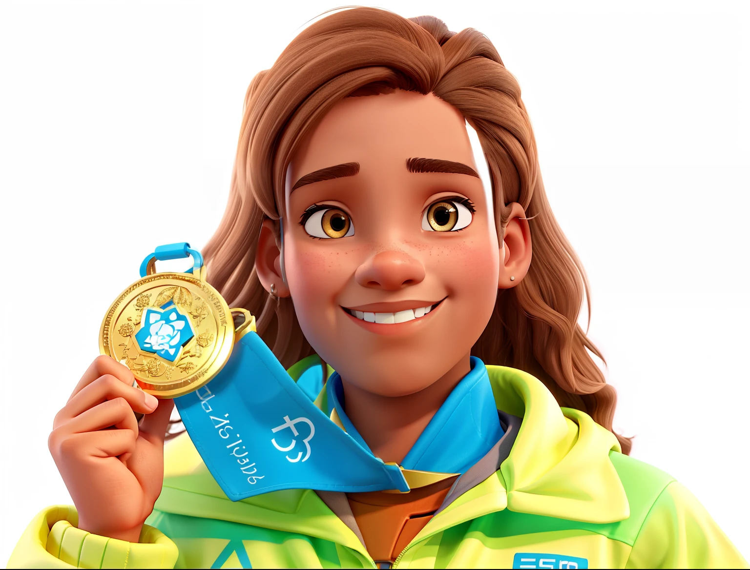 Create an avatar of a 2023 gold medal winner with light brown hair and light brown skin.