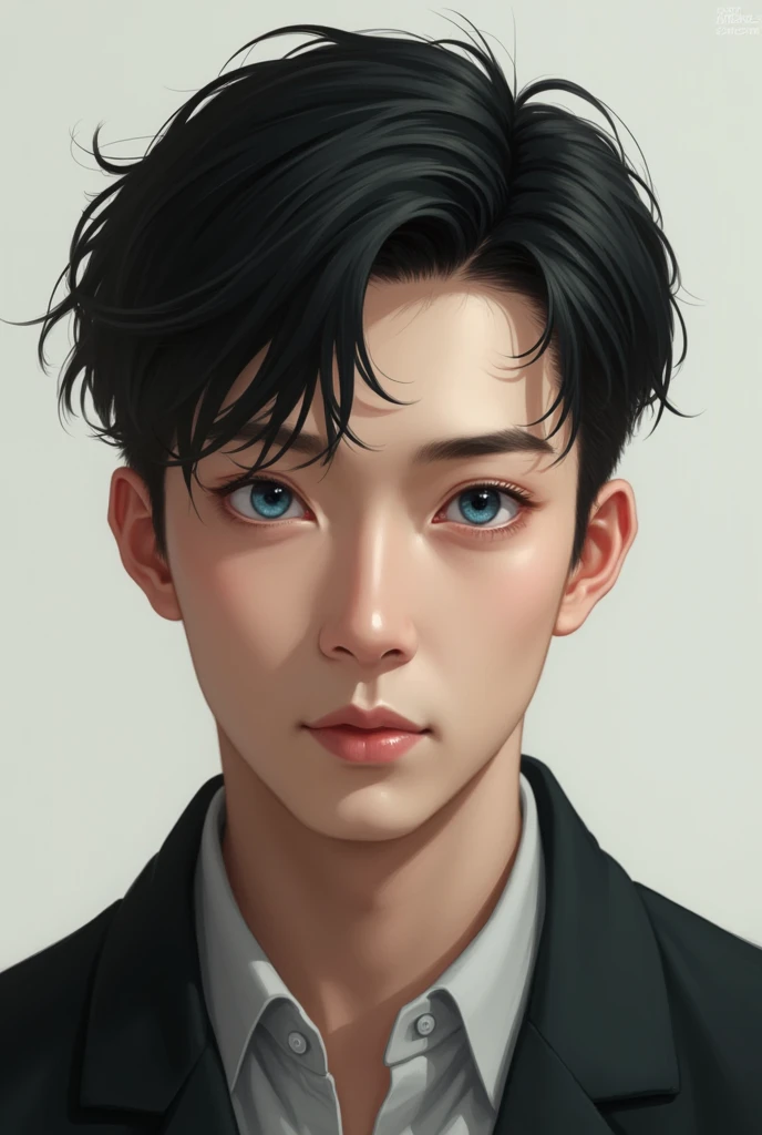 I want a portrait of a man with black hair, blue eyes and white complexion