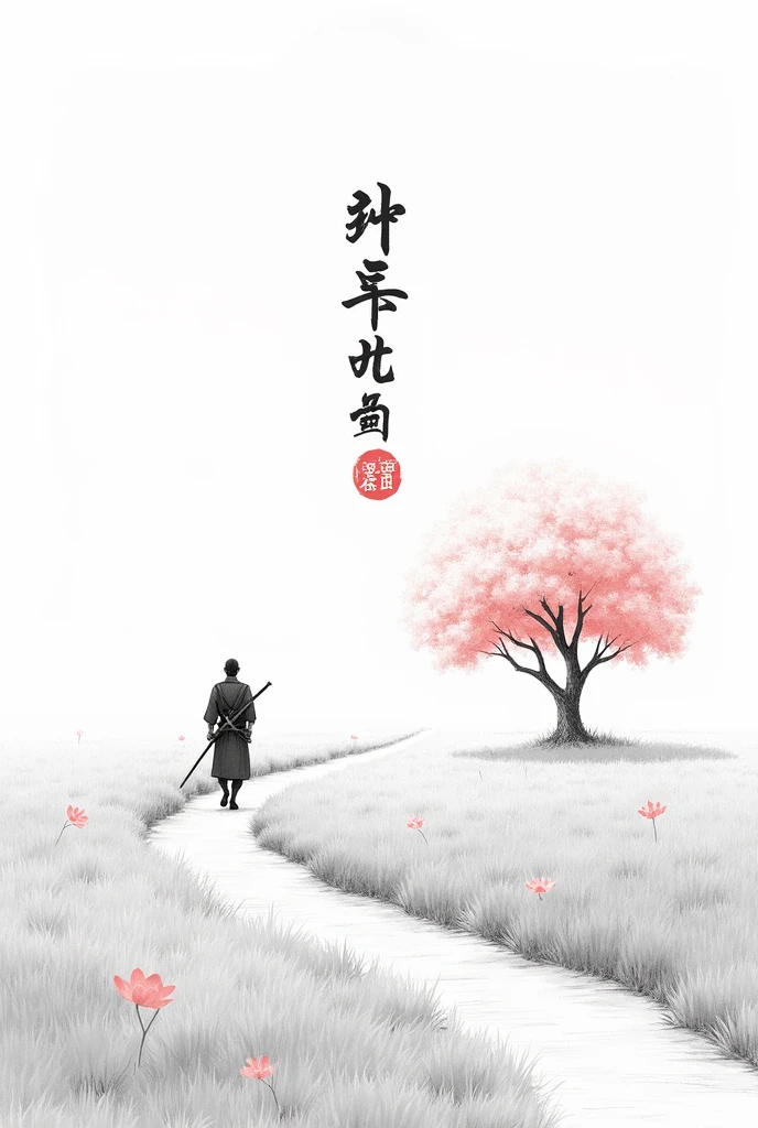 black and white drawing in Japanese style, Samurai in the distance (man, adult person) with a sword at his waist walking on a path through a field, a single pink cherry blossom tree nearby, The picture above shows a Japanese kanji "quiet". Everything is harmonious around