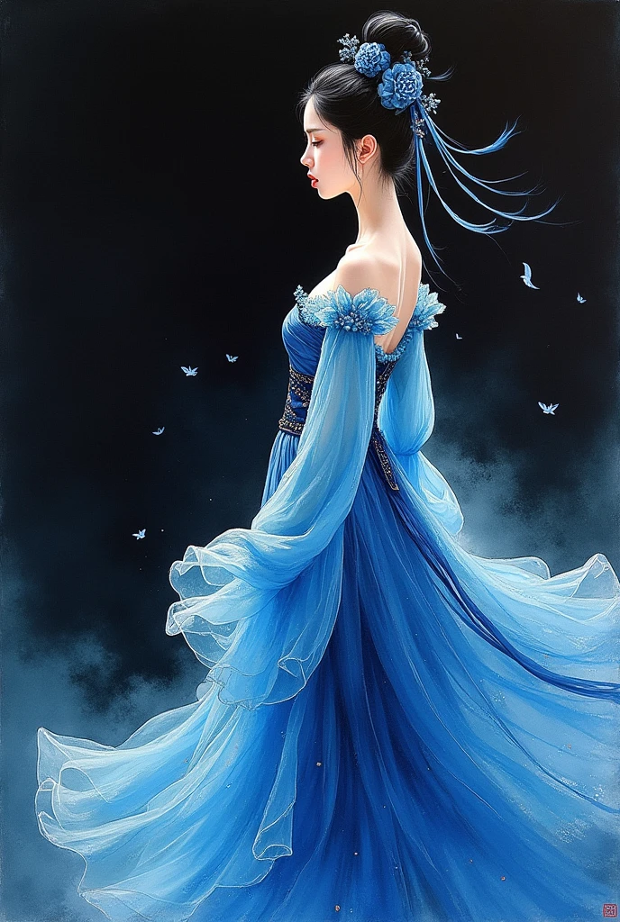 The beauty of antiquity，With a  expression，A heavy heart，The work is painted in watercolor on paper, Bold colors and patterns reflect the artist's unique artistic vision. It incorporates deep blue tones, Creates an alluring visual experience. This work depicts an elegant figure，Background is black, Adding depth to the overall composition，New Chinese，Color curves，Exquisite Han Dynasty gauze skirt，High speed motion blur