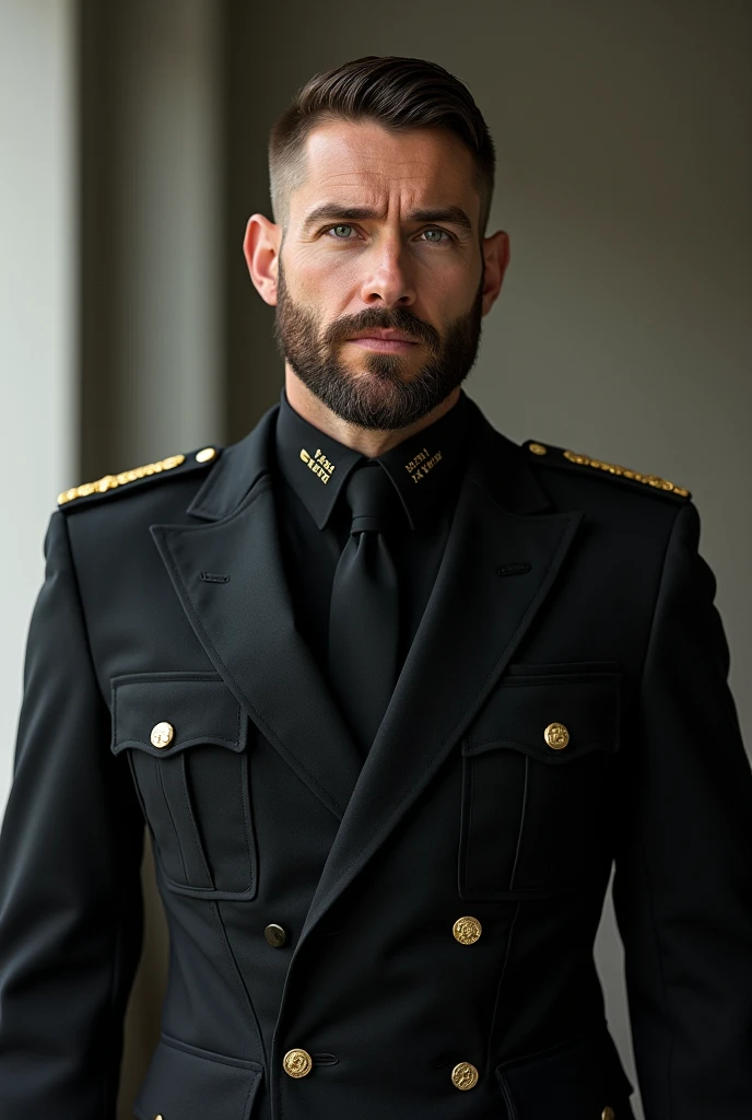 A tall, fit young man
with brown hair and gray eyes
Trimmed beard
Relaxed gaze
Dressed in a black military uniform
Egotistical