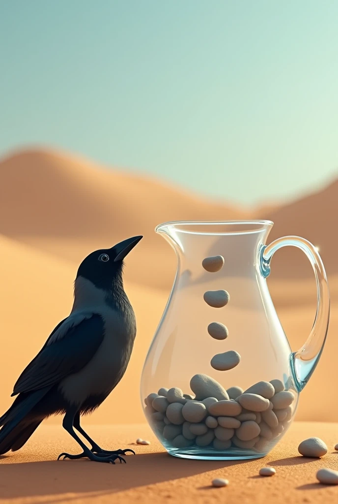 The pitcher with water level gradually rising as more pebbles are added by the crow. There is just one crow and the pitcher is made of transparent glass in which there are half pebbles and the water level has raised and the crow is standing beside pitcher and starring at water. The water level is touching top
The background is desert
Image size is 16 by 9