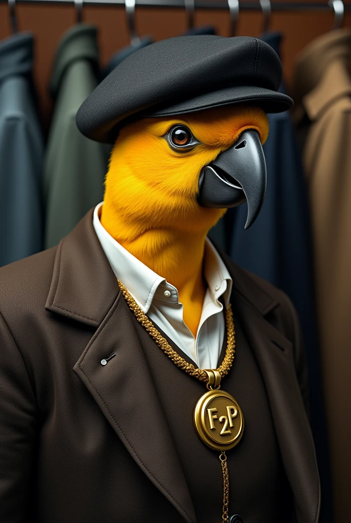 Create a man with the face of a yellow macaw, looking a little to the right from his point of view, with a black cap and a symbol written 3500, wearing a dark brown overcoat, with a white shirt and a large gold necklace that says F2P. Pay attention to the details of the cap and the cord and the clothes rack