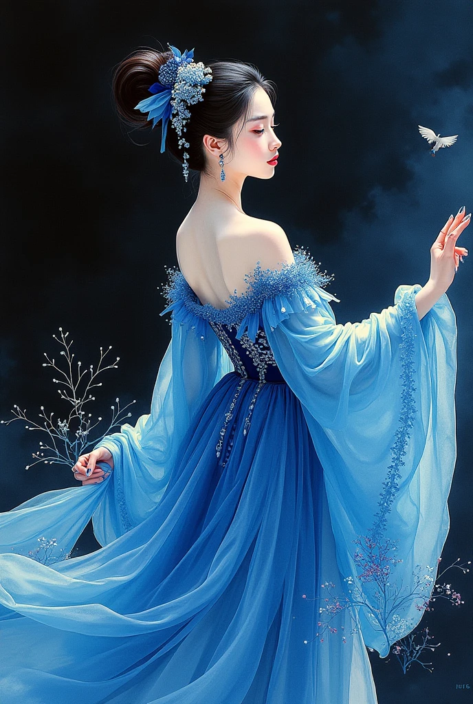 The beauty of antiquity，With a  expression，A heavy heart，The work is painted in watercolor on paper, Bold colors and patterns reflect the artist's unique artistic vision. It incorporates deep blue tones, Creates an alluring visual experience. This work depicts an elegant figure，Background is black, Adding depth to the overall composition，New Chinese，Color curves，Exquisite Han Dynasty gauze skirt，High speed motion blur