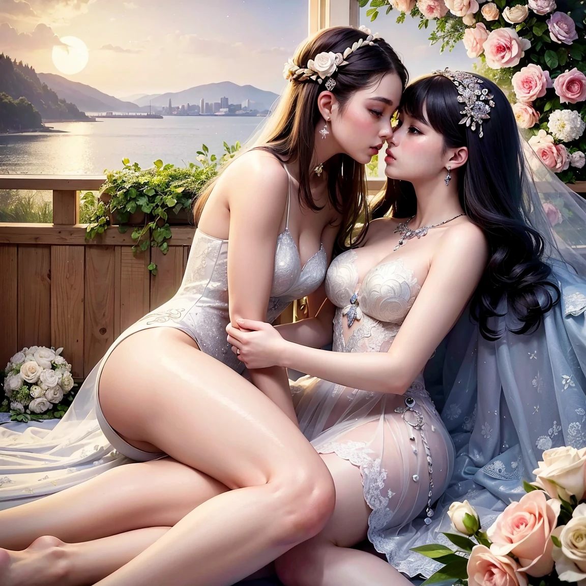 (masterpiece, highest quality, official art, beauty and aesthetic:1.5), perfect anatomy, two stunning bride is deeply in love with each other, kiss, romantic atmosphere, flower and moon, magnificent panorama view