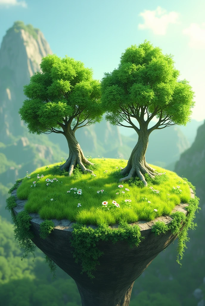 CIRCULAR LAND WITH GREEN AREA AND AT THE TOP IT HAS TWO TREES THAT ARE AN ANIMATED AND 3D