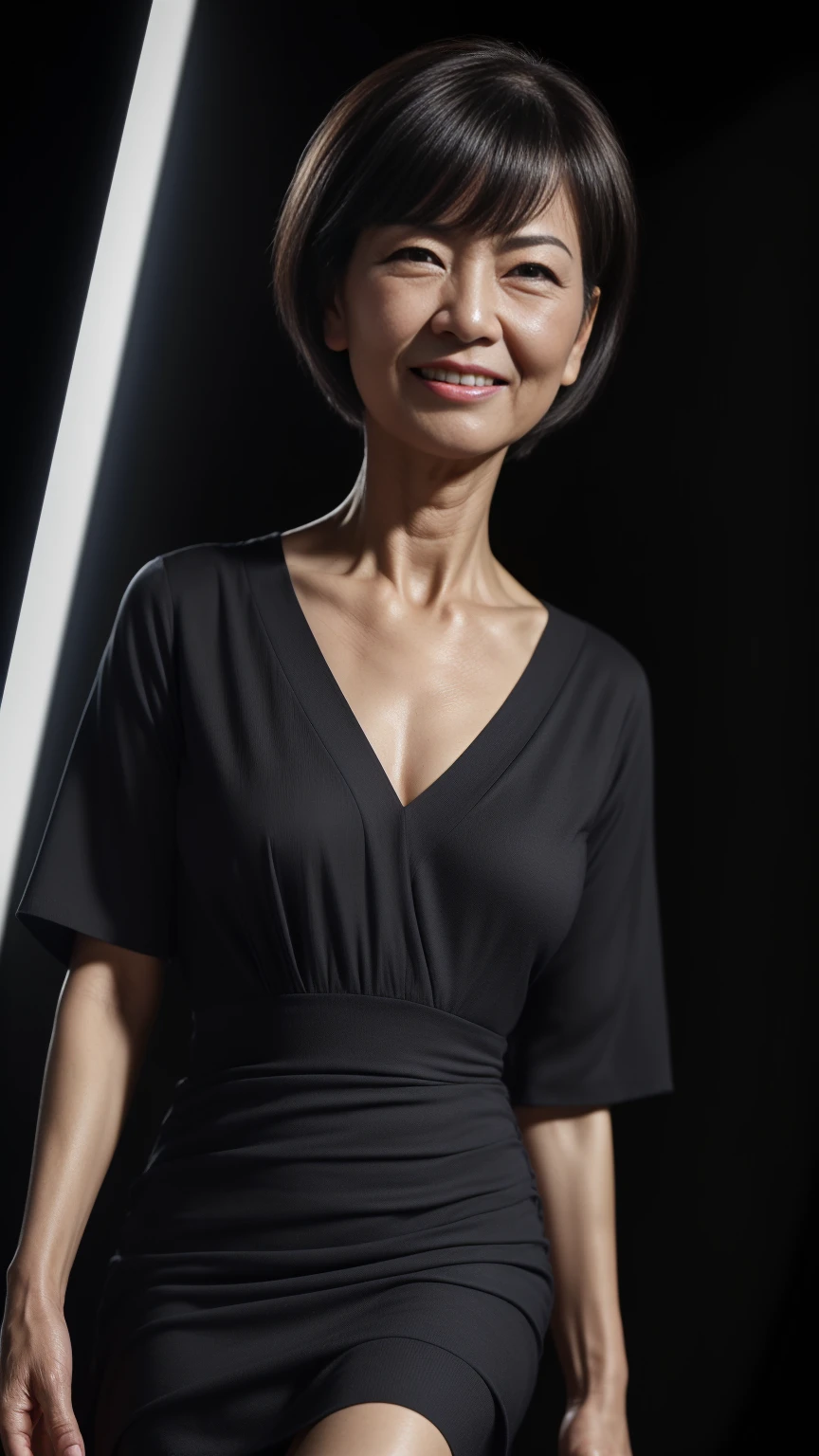 (((Highest quality)), ((8k)), ((masterpiece: 1.3)), (Photorealism: 1.6), (JMA), (Who), (Portrait of a Japanese mature woman), (Pitch black background: 1.2), (65-year-old woman), (Cat face), (Perfect looks), ((Realistic skin texture)), (Fine wrinkles all over the skin), (Dullness), (Facial wrinkles), (Wrinkles around the eyes), double eyelid, Tear bags under the eyelids, (corner of the eye), Thin eyebrows, (Grimacing and laughing), Short bangs, short hair, (Colorful V-neck sexy dress: 1.2), (Close-up of face),