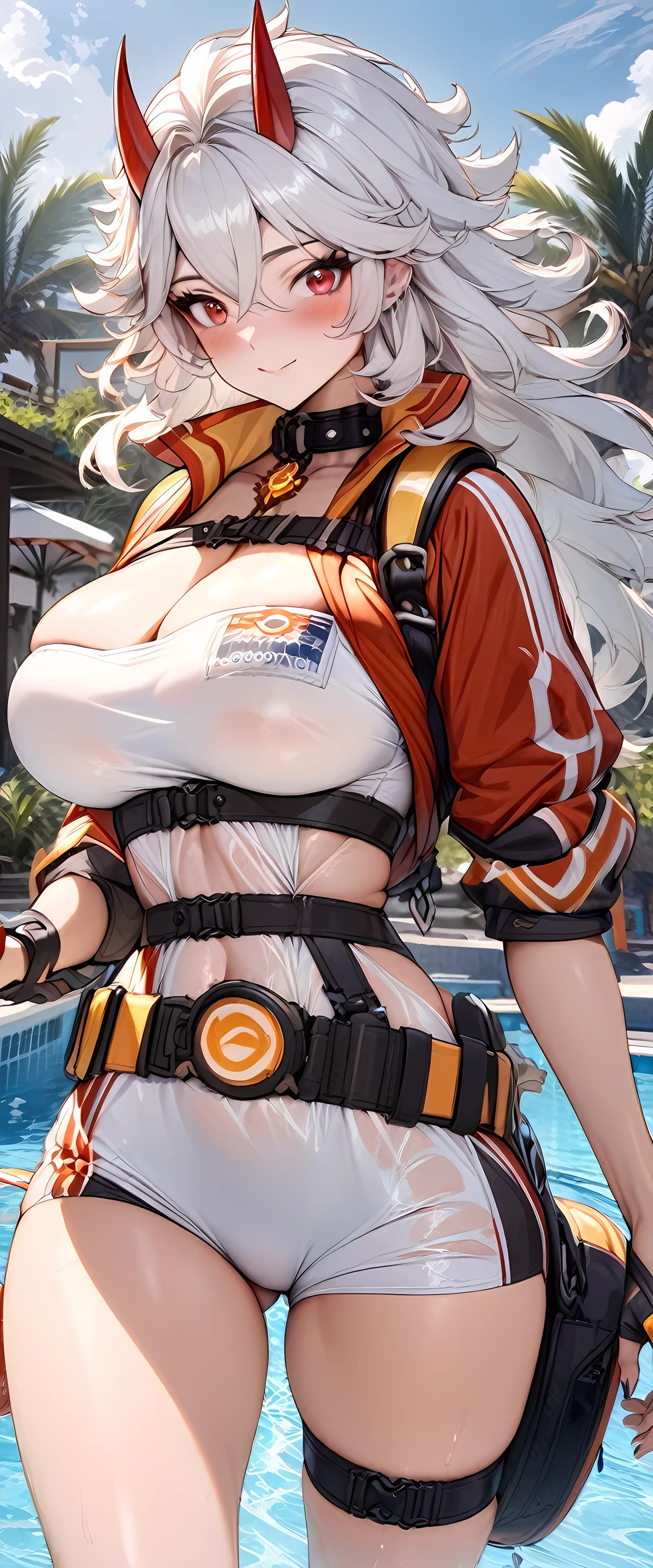 (masterpiece), best quality, expressive eyes, perfect face,1girl,arataki itto,genshin impact,big breasts,lifeguard,lifeguard jacket,legs apart,walking towards viewer,strap sandals,smile,blush,looking at viewer,cowboy shot,,poolside,resort,white hair,red eyes,oni,demon horns