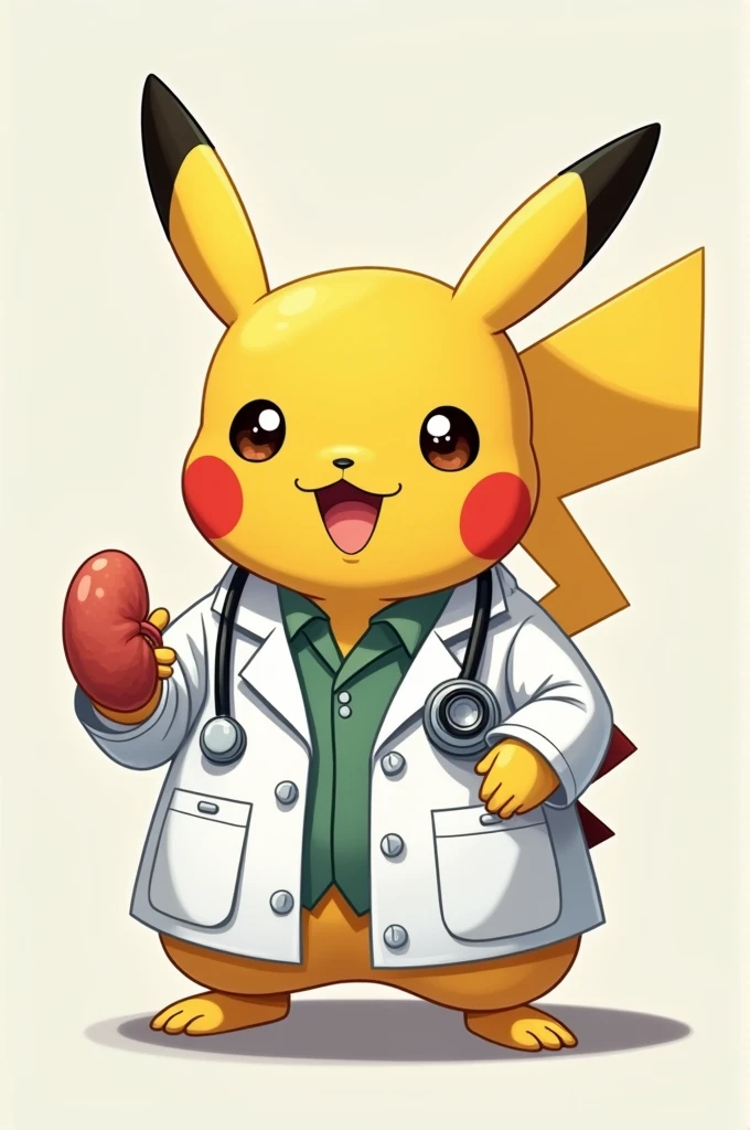PIKACHU DRESSED AS A DOCTOR WITH A LITTLE KIDNEY IN HIS HAND NAMED DR. CHACÓN (NEPHROLOGIST)