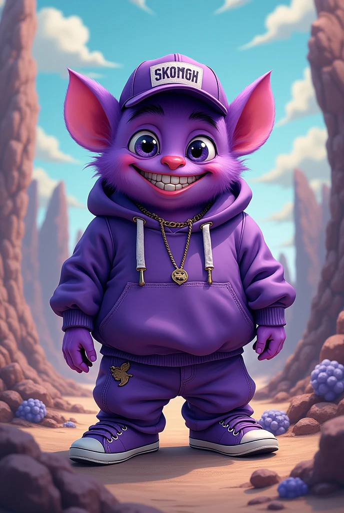 Small cute purple monster wearing gangster style skater clothes and a cap, artwork style: Surrealism