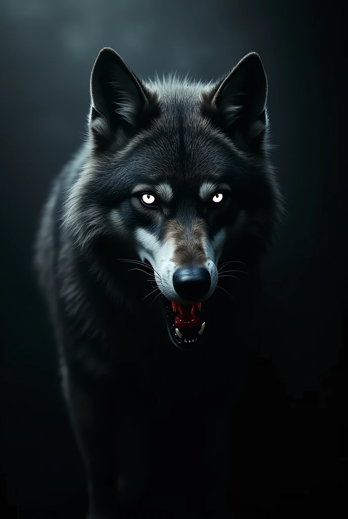 wolf, horror, text cloud heart, white spot under the eye, horny expression, blushed, half wolf face, dark face, black fur, bright white eyes, shadows, dark background, full black background, looked at view,