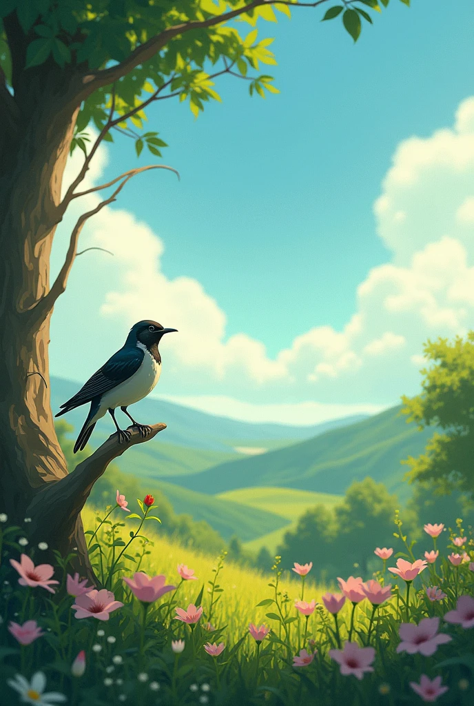 A bird singing a sad melody in a sunny and beautiful landscape