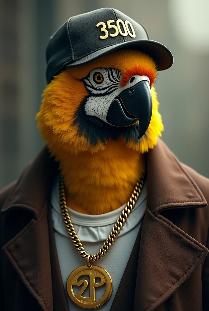 Create a man with the face of a yellow macaw, looking a little to the right from his point of view, with a cap backwards and a symbol saying 3500, wearing a dark brown overcoat, with a white shirt and a large gold necklace that says F2P. Pay attention to the details of the cap and the cord and the clothes rack