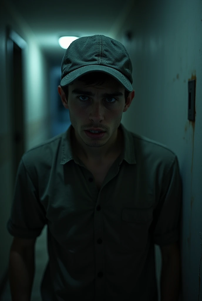 a scared young man wearing a baseball cap in a hallway, nightmare