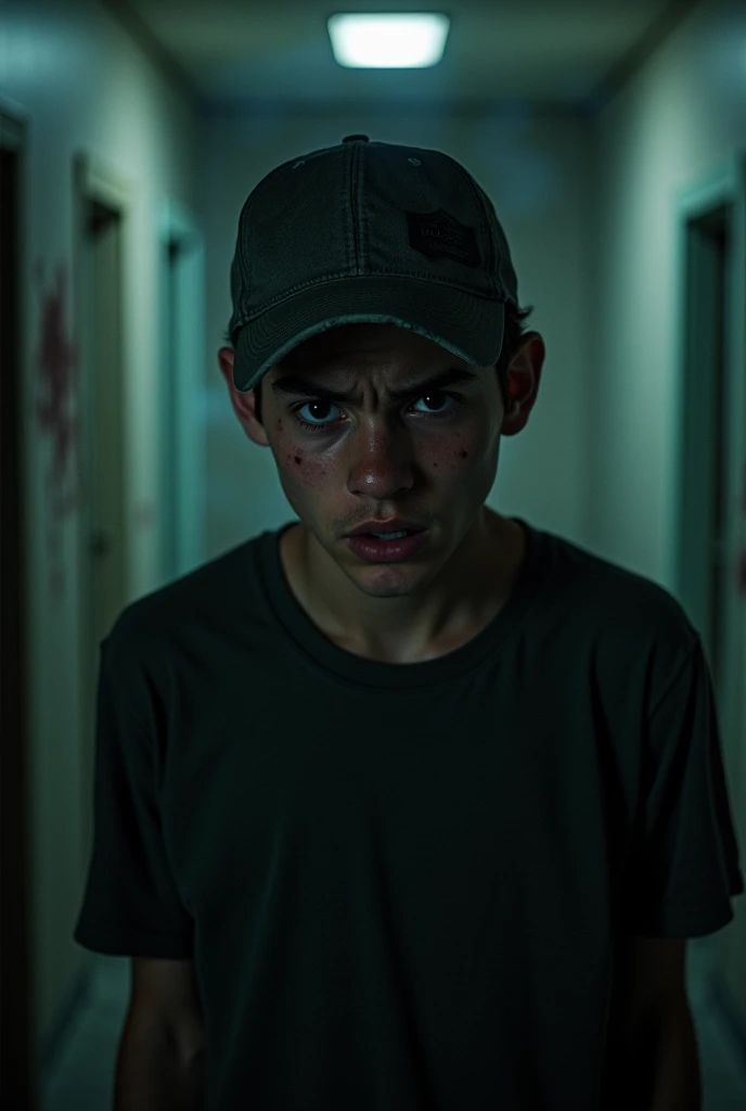 a scared young man wearing a baseball cap in a hallway, nightmare